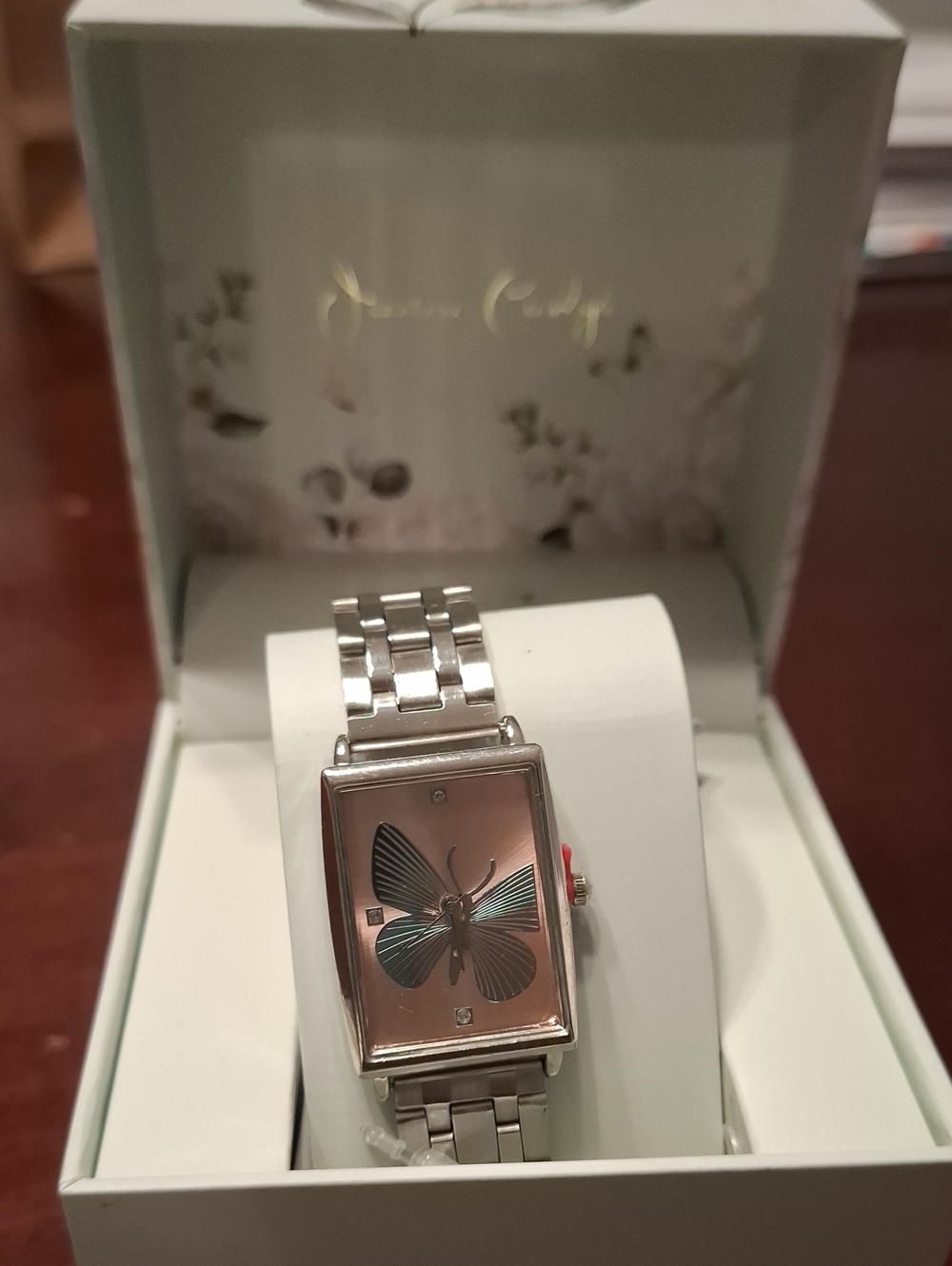 Jessica Carlyle Silver-Tone Bracelet Watch with Pink Butterfly Dial